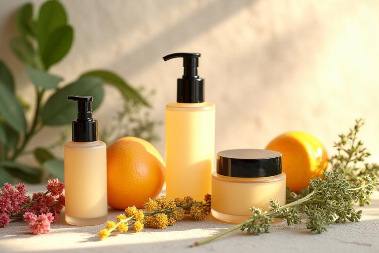 Assortment of Artisan Glow products with fresh botanicals, showcasing the natural ingredients.