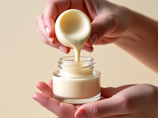 Hands carefully pouring a cream into a small glass jar.