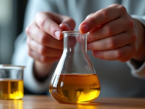 An artisan carefully blending oils in a glass beaker in a workshop.