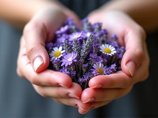 Close-up of hands holding fresh lavender and chamomile flowers.