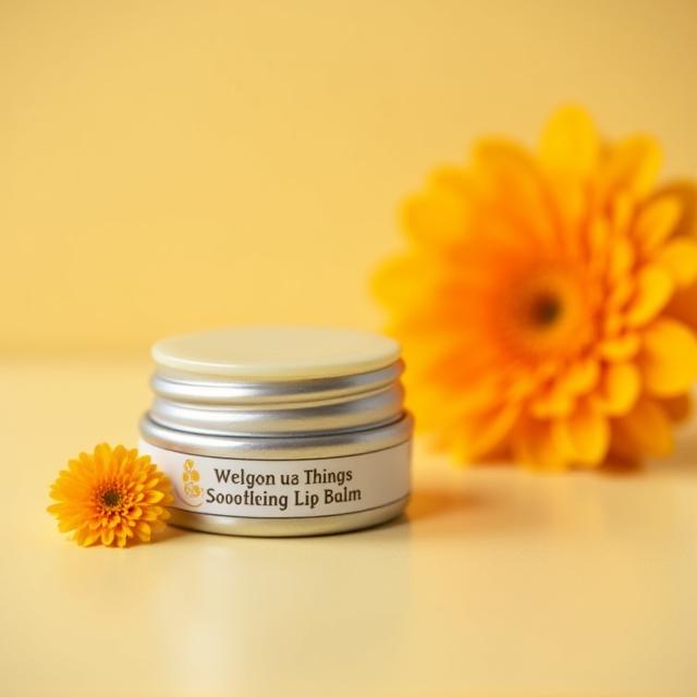 A small tin of Calendula Soothing Lip Balm next to a calendula flower.