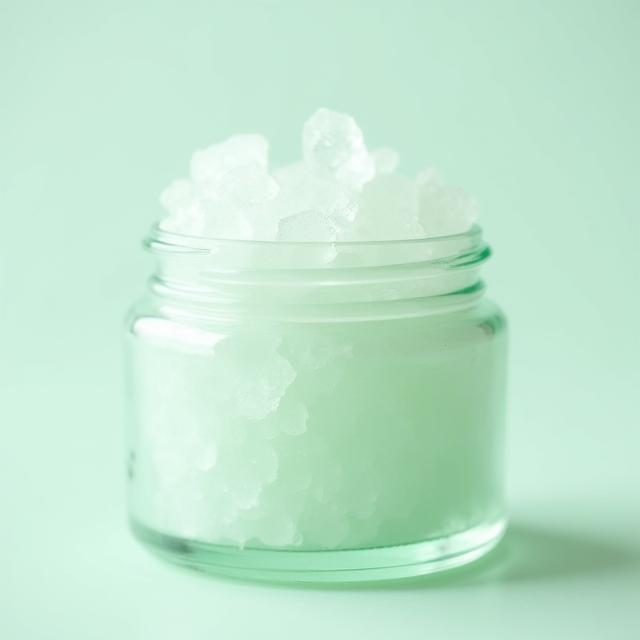 Glass jar filled with exfoliating Sea Salt & Peppermint Scrub.