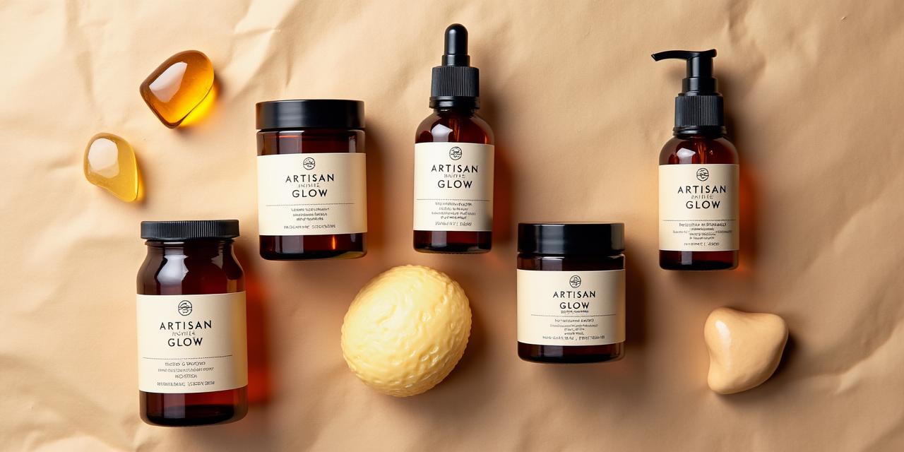 A collection of Artisan Glow cosmetic products in recyclable glass jars and bottles, arranged on a background of recycled paper.